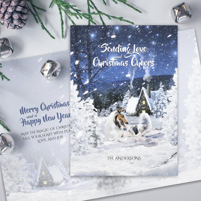 Blue Merle Collie & Lambs in White Xmas Night - Holiday Card (Creator Uploaded)