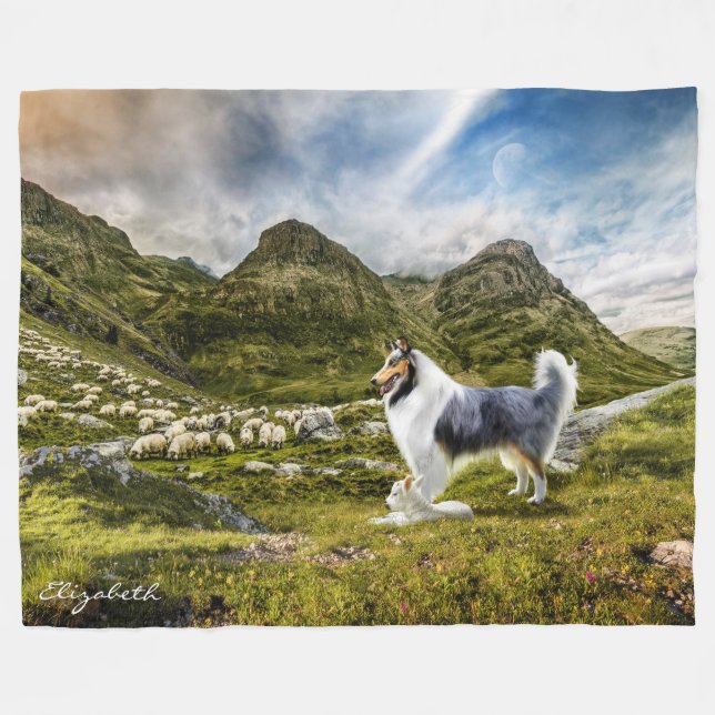 Blue Merle Collie Sheep herding - Personalized Fleece Blanket (Front (Horizontal))