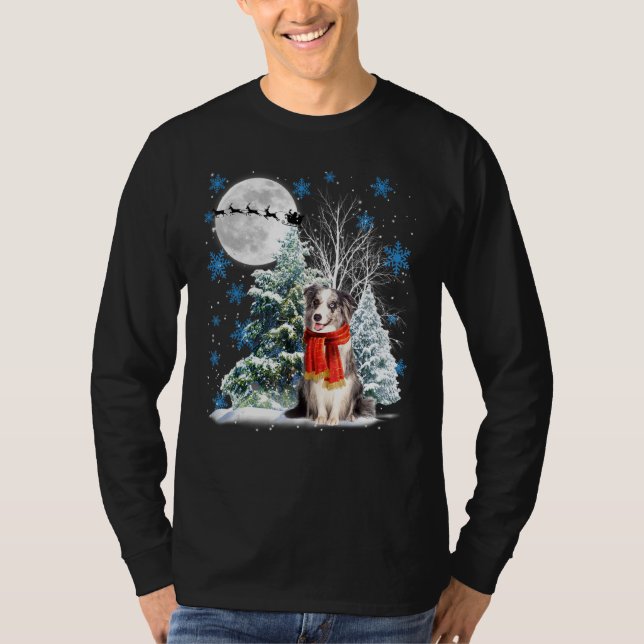 Blue Merle Collie Under Moonlight Snow Christmas P T-Shirt (Front)