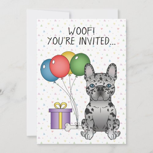 Blue Merle French Bulldog Cartoon Dog Birthday Invitation