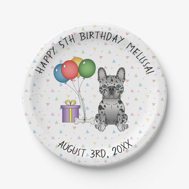 Blue Merle French Bulldog Cartoon Dog Birthday Paper Plates (Front)