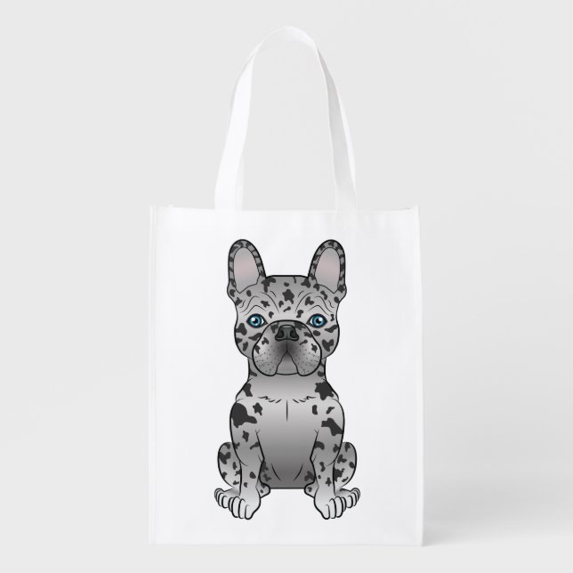 Blue Merle French Bulldog / Frenchie Cartoon Dog Grocery Bag (Front)