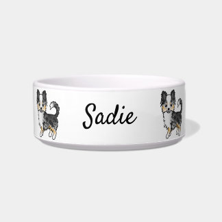 Blue Merle Long Coat Chihuahua Cartoon Dog &amp; Name Bowl