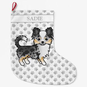 Blue Merle Long Coat Chihuahua Cartoon Dog & Name Large Christmas Stocking