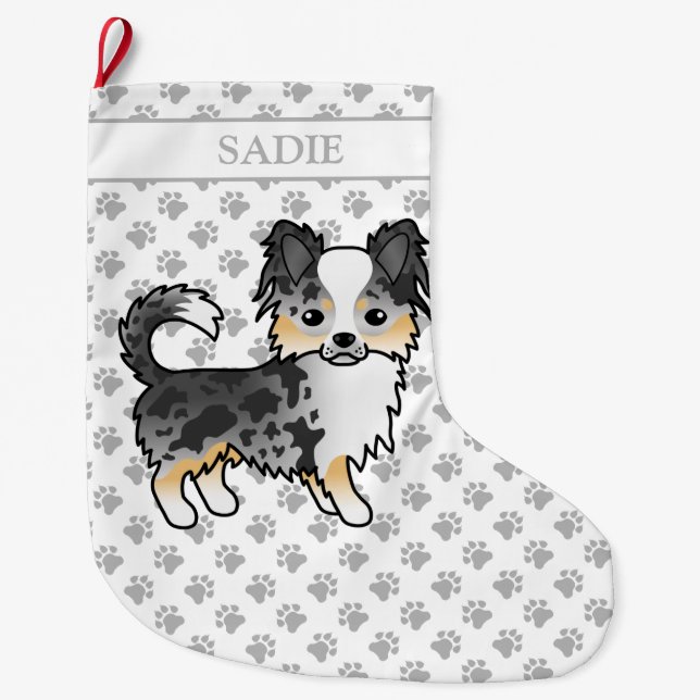 Blue Merle Long Coat Chihuahua Cartoon Dog & Name Large Christmas Stocking (Front)