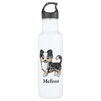 Blue Merle Long Coat Chihuahua Cartoon Dog &amp; Name Stainless Steel Water Bottle