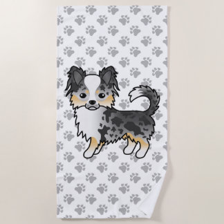 Blue Merle Long Coat Chihuahua Cartoon Dog &amp; Paws Beach Towel