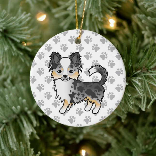 Blue Merle Long Coat Chihuahua Cartoon Dog & Paws Ceramic Ornament (Tree)