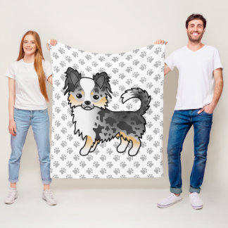 Blue Merle Long Coat Chihuahua Cartoon Dog &amp; Paws Fleece Blanket
