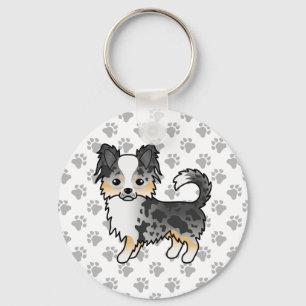 Blue Merle Long Coat Chihuahua Cartoon Dog & Paws Keychain