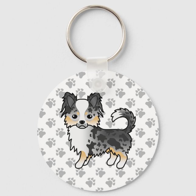 Blue Merle Long Coat Chihuahua Cartoon Dog & Paws Keychain (Front)