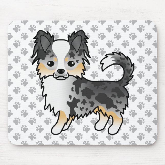 Blue Merle Long Coat Chihuahua Cartoon Dog & Paws Mouse Pad (Front)
