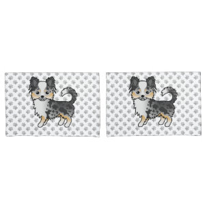 Blue Merle Long Coat Chihuahua Cartoon Dog & Paws Pillow Case