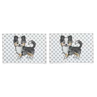 Blue Merle Long Coat Chihuahua Cartoon Dog &amp; Paws Pillow Case