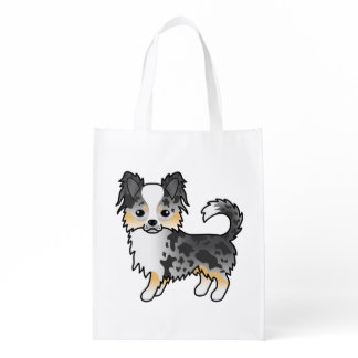 Blue Merle Long Coat Chihuahua Cute Cartoon Dog Grocery Bag