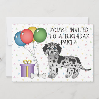 Blue Merle Mini Goldendoodle Cartoon Dog Birthday Invitation