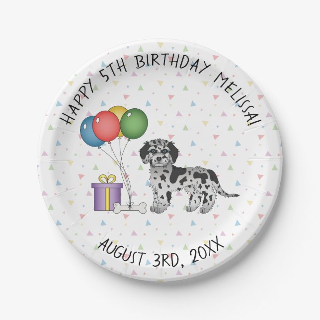 Blue Merle Mini Goldendoodle Cartoon Dog Birthday Paper Plates (Front)