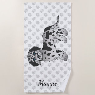 Blue Merle Mini Goldendoodle Cartoon Dog & Name Beach Towel