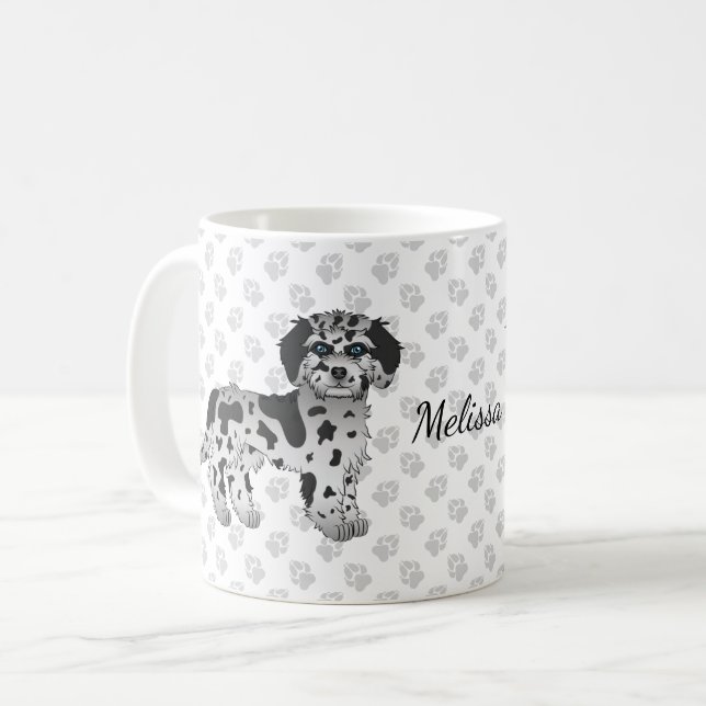 Blue Merle Mini Goldendoodle Cartoon Dog & Name Coffee Mug (Front Left)