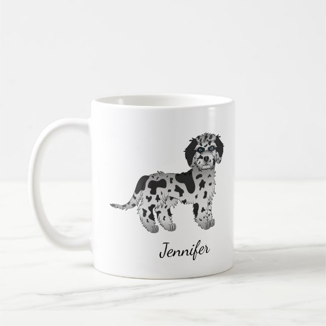 Blue Merle Mini Goldendoodle Cartoon Dog & Name Coffee Mug (Left)