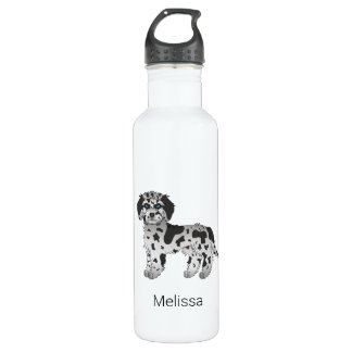 Blue Merle Mini Goldendoodle Cartoon Dog &amp; Name Stainless Steel Water Bottle