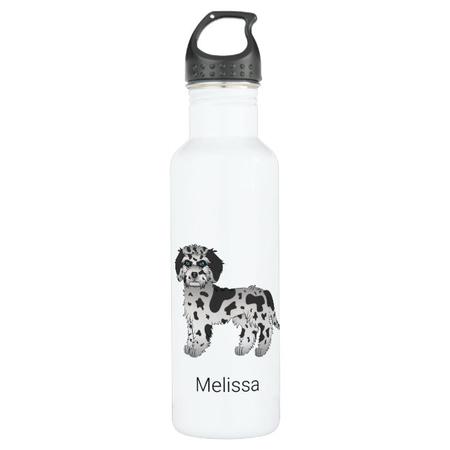 Blue Merle Mini Goldendoodle Cartoon Dog & Name Stainless Steel Water Bottle (Front)