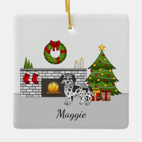 Blue Merle Mini Goldendoodle _ Christmas Room Ceramic Ornament