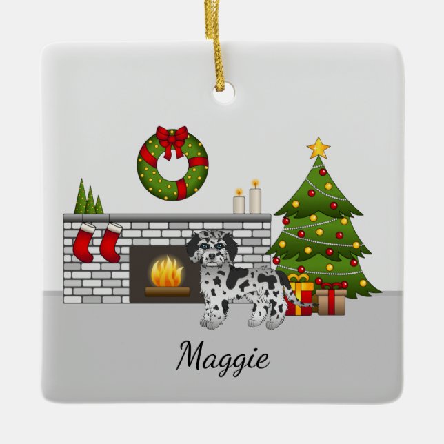 Blue Merle Mini Goldendoodle - Christmas Room Ceramic Ornament (Front)