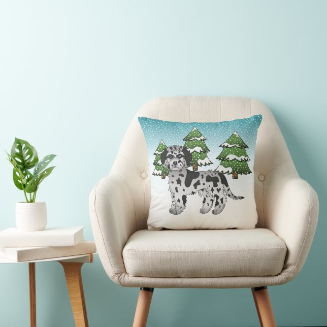 Blue Merle Mini Goldendoodle Dog - Winter Forest Throw Pillow (Chair)