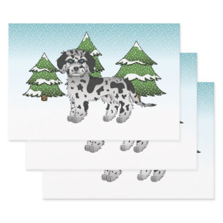 Blue Merle Mini Goldendoodle Dog - Winter Forest Wrapping Paper Sheets