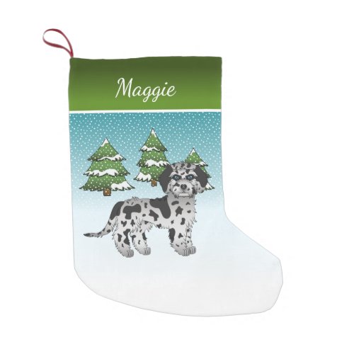 Blue Merle Mini Goldendoodle _ Winter Forest Small Christmas Stocking