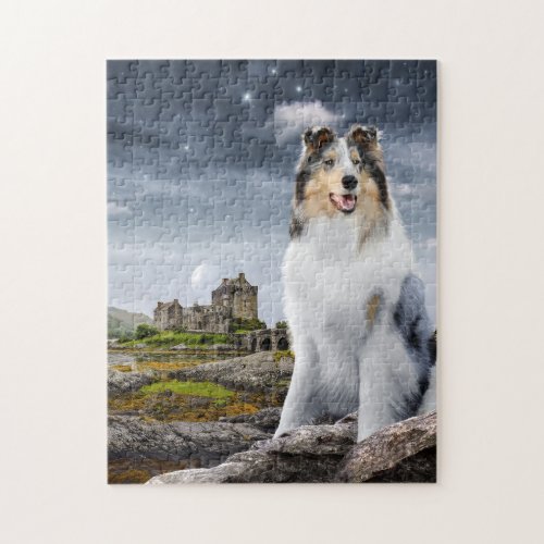 Blue Merle Rough Collie at Eilean Donan Castle _ Jigsaw Puzzle