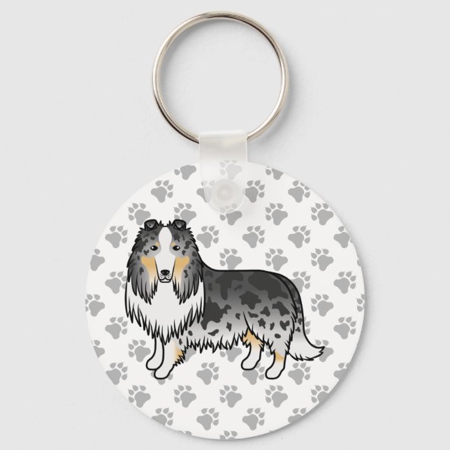 Blue Merle Rough Collie Cute Cartoon Dog Keychain (Front)