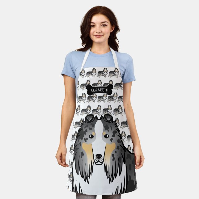 Blue Merle Rough Collie Cute Cartoon Dog & Name Apron (Worn)