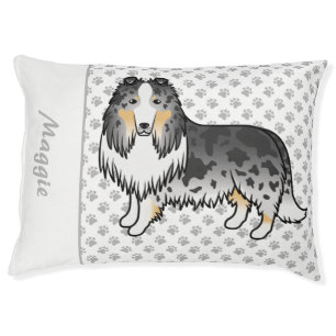 Blue Merle Rough Collie Cute Cartoon Dog & Name Pet Bed