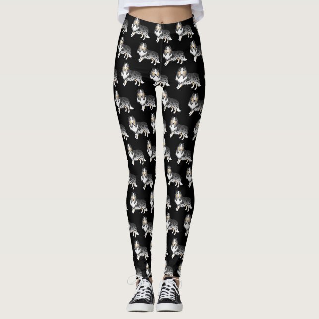 Blue Merle Rough Collie Cute Cartoon Dog Pattern Leggings (Front)