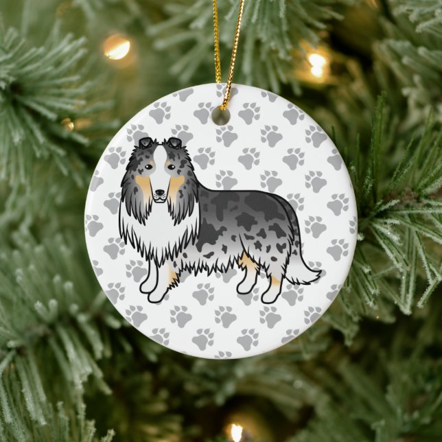 Blue Merle Rough Collie Cute Cartoon Dog & Paws Ceramic Ornament (Tree)