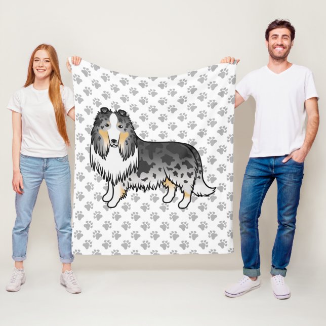 Blue Merle Rough Collie Cute Cartoon Dog & Paws Fleece Blanket (In Situ)
