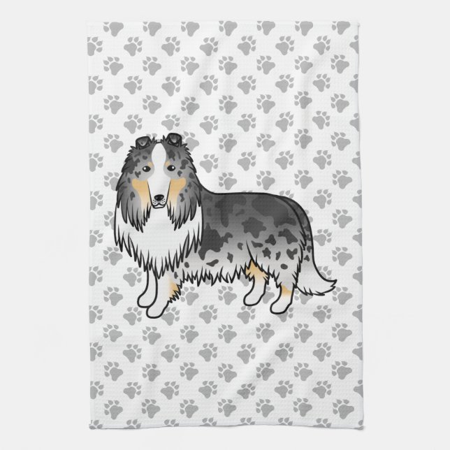 Blue Merle Rough Collie Cute Cartoon Dog & Paws Kitchen Towel (Vertical)