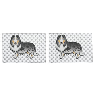 Blue Merle Rough Collie Cute Cartoon Dog & Paws Pillow Case