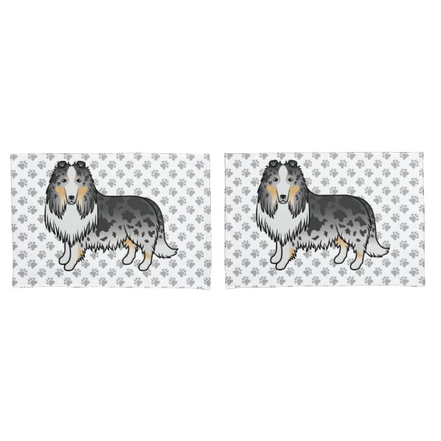Blue Merle Rough Collie Cute Cartoon Dog & Paws Pillow Case (Front-Set)