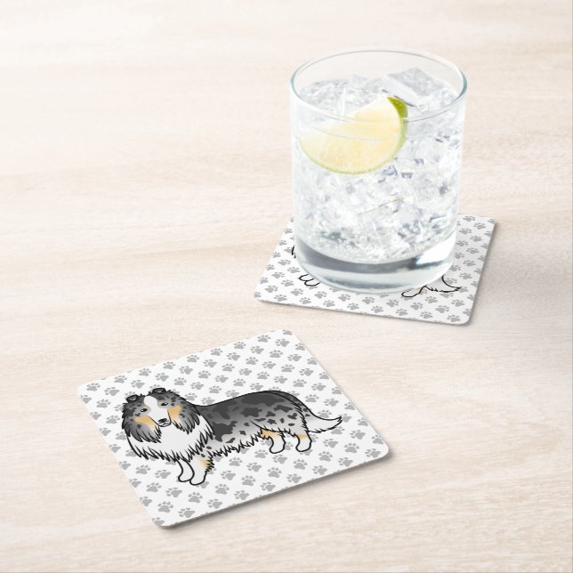 Blue Merle Rough Collie Cute Cartoon Dog & Paws Square Paper Coaster (Insitu)