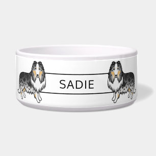 Blue Merle Rough Collie Cute Cartoon Dogs & Name Bowl
