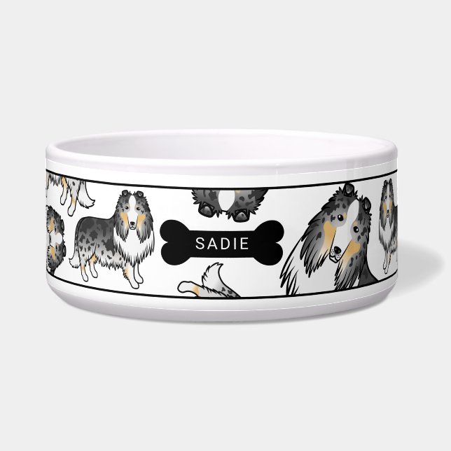 Blue Merle Rough Collie Dogs Pattern & Name Bowl (Front)