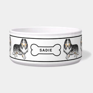 Blue Merle Rough Collie Dogs With Bone & Name Bowl