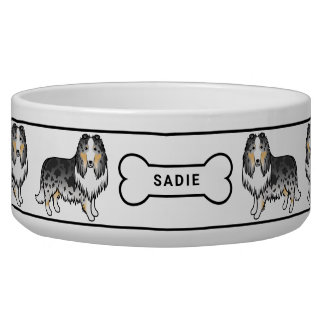 Blue Merle Rough Collie Dogs With Bone &amp; Name Bowl