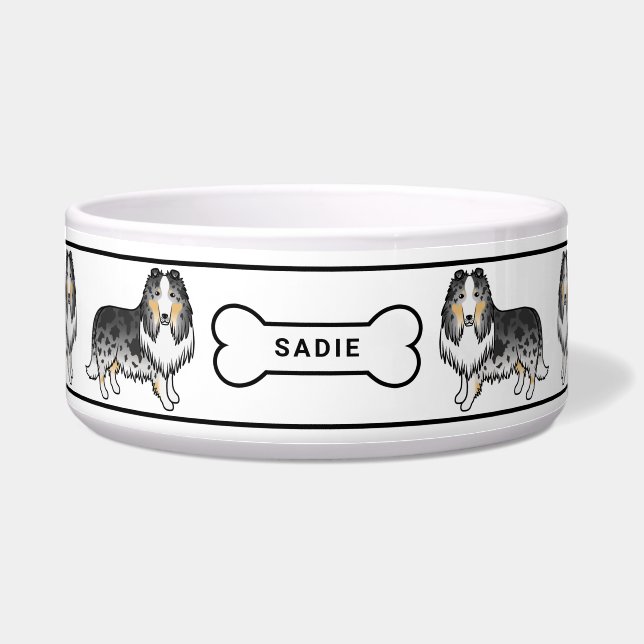 Blue Merle Rough Collie Dogs With Bone & Name Bowl (Front)