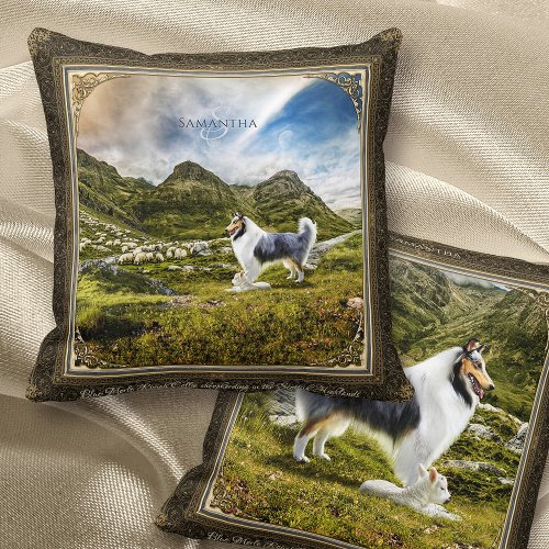 Blue Merle Rough Collie in Scottish Highlands _ Th Throw Pillow