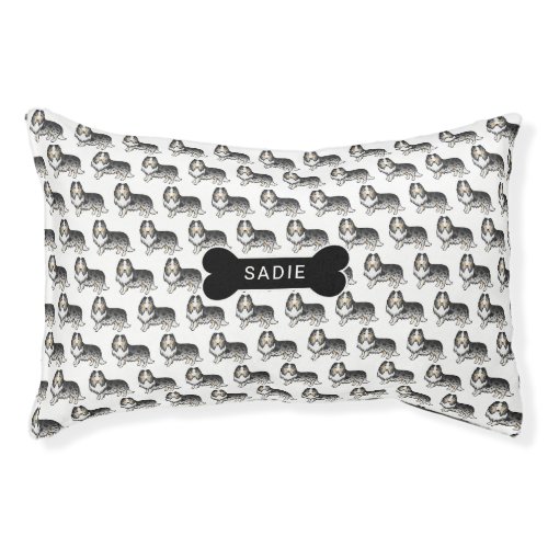 Blue Merle Rough Collie Pattern With Bone  Name Pet Bed