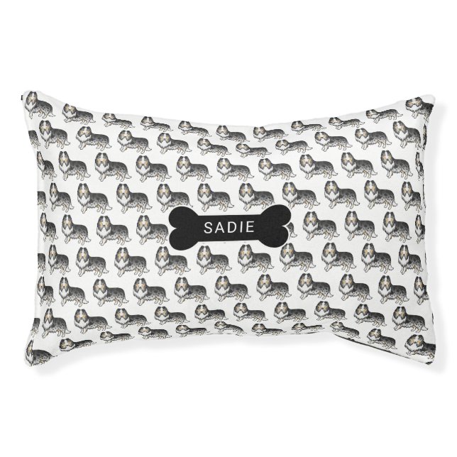 Blue Merle Rough Collie Pattern With Bone & Name Pet Bed (Front)